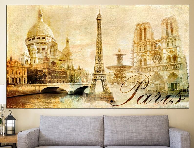 May include: A vintage-style illustration of iconic Parisian landmarks, including the Eiffel Tower, Sacr&eacute;-C&oelig;ur Basilica, and Notre Dame Cathedral. The image is in shades of beige and brown with the word "Paris" written in a stylized font.