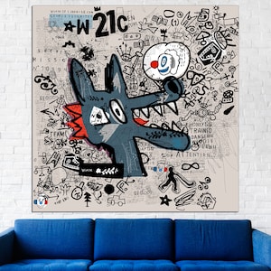 May include: A blue and red cartoon wolf with a large mouth and sharp teeth is drawn on a beige background with black and white text and doodles. The text includes the words "WOLF.CU", "HONEY", "TRAINED", "DANGERN", "WODF", and "ATTENTION".