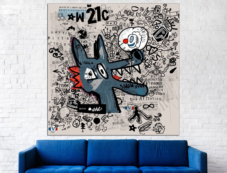 May include: A blue and red cartoon wolf with a large mouth and sharp teeth is drawn on a beige background with black and white text and doodles. The text includes the words "WOLF.CU", "HONEY", "TRAINED", "DANGERN", "WODF", and "ATTENTION".