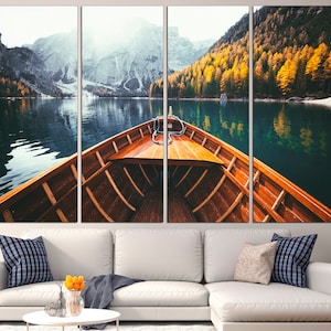 Lake house wall art Large canvas art Boat mountain print Landscape canvas Mountain wall decor Forest canvas Watercolor lake