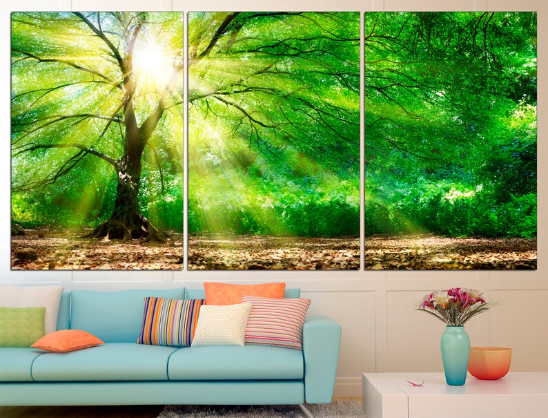 May include: A three-panel canvas print featuring a large tree with green leaves in a woodland setting. Sunlight streams through the branches, creating a bright and airy atmosphere.