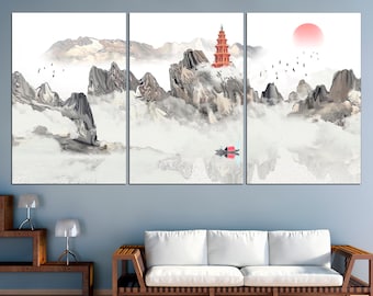 Japanese Mountain Canvas Art Print: Vintage Asian Landscape Wall Decor