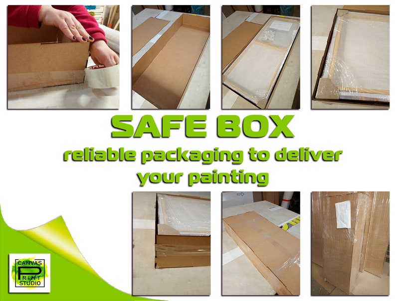 May include: A close-up of a brown cardboard box being taped shut. The box is being used to package a painting for safe delivery. The text "SAFE BOX" and "reliable packaging to deliver your painting" is displayed in green letters on a white background.