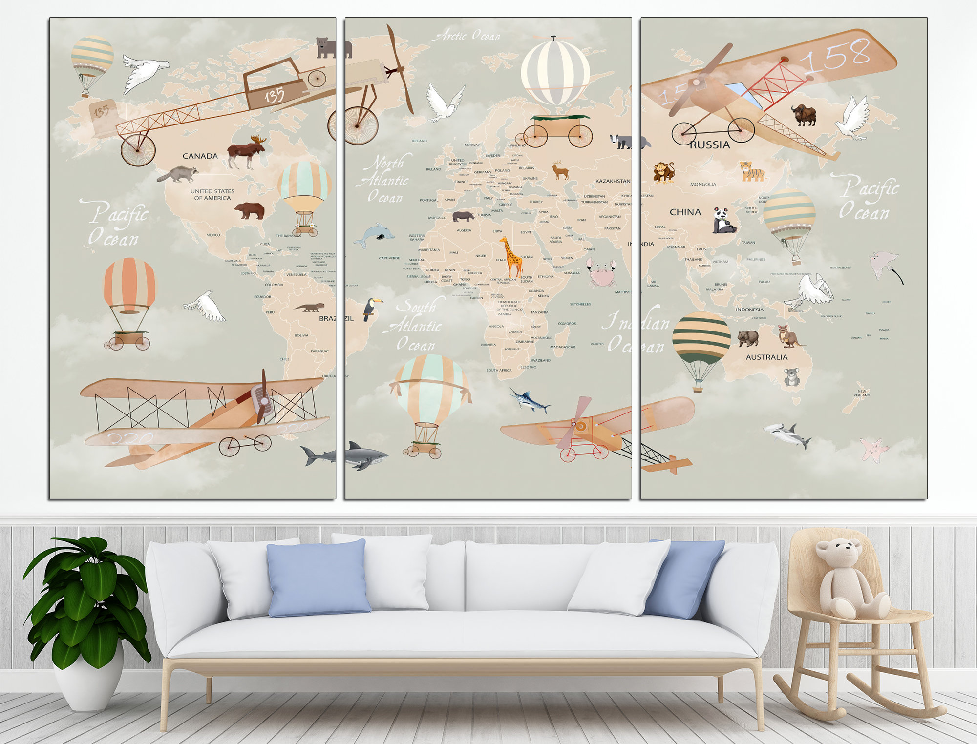 Kids World Map Canvas Wall Art Animal World Map Kids Wall Decor Large ...