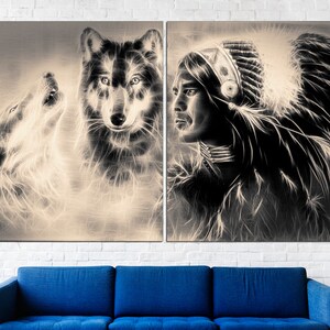 May include: A split canvas print featuring a Native American man in a headdress and two wolves. The image is in black and white and has a textured, artistic style.