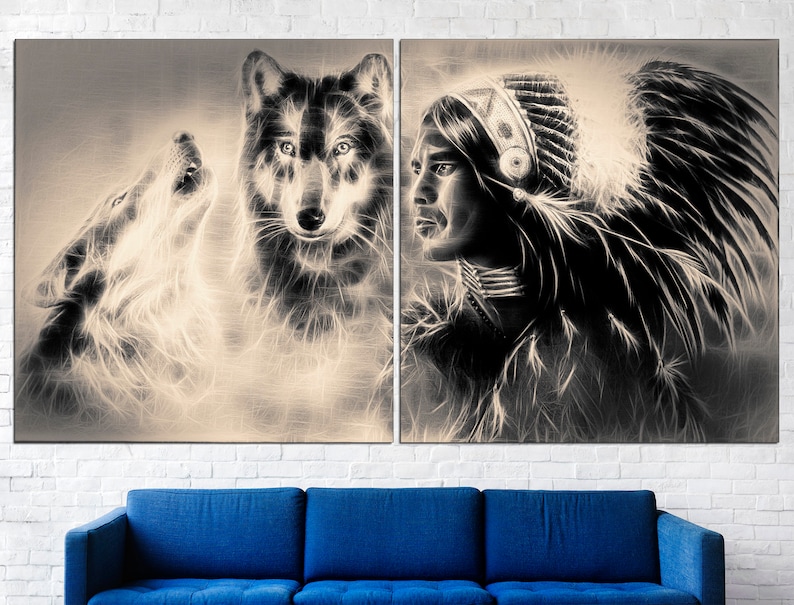 May include: A split canvas print featuring a Native American man in a headdress and two wolves. The image is in black and white and has a textured, artistic style.