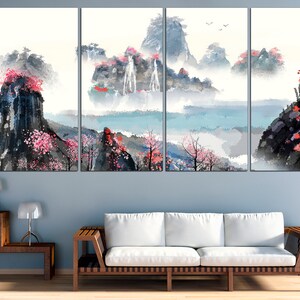 May include: A four-panel canvas print depicting a watercolor painting of a misty mountain landscape with waterfalls and pink blossoms. The painting is in shades of blue, gray, and pink.