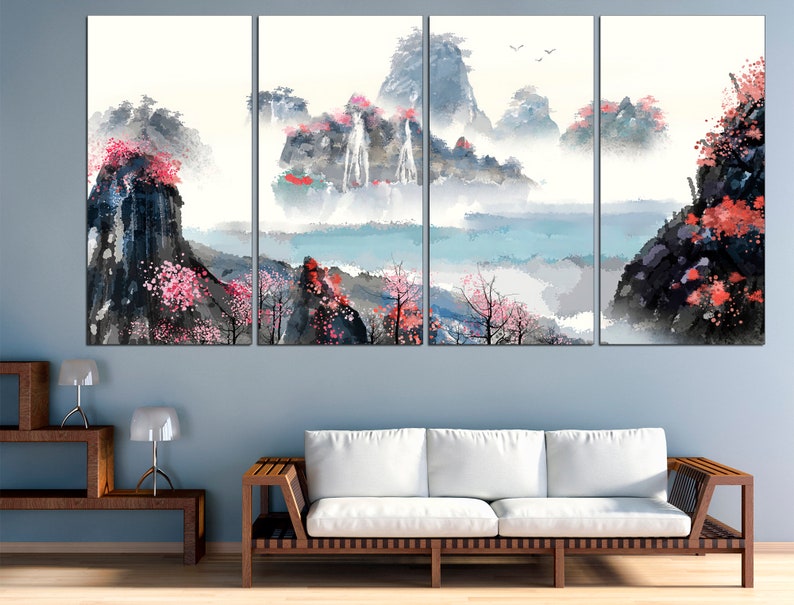 May include: A four-panel canvas print depicting a watercolor painting of a misty mountain landscape with waterfalls and pink blossoms. The painting is in shades of blue, gray, and pink.