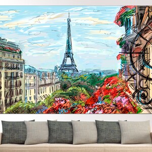 May include: A colorful, hand-drawn illustration of the Eiffel Tower in Paris, France. The illustration features a view from a window overlooking a street with buildings and trees. The Eiffel Tower is in the background, and the foreground shows a balcony with red flowers.