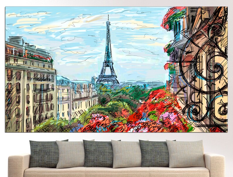 May include: A colorful, hand-drawn illustration of the Eiffel Tower in Paris, France. The illustration features a view from a window overlooking a street with buildings and trees. The Eiffel Tower is in the background, and the foreground shows a balcony with red flowers.