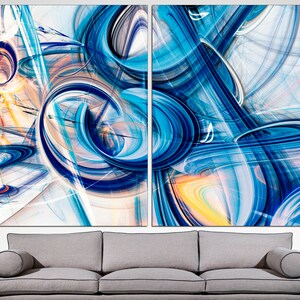 May include: Abstract art print featuring swirling blue, white, and yellow lines and shapes. The print is divided into two panels.