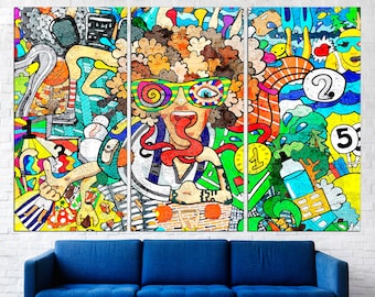 Lienzo impreso con arte graffiti colorido, arte callejero moderno.