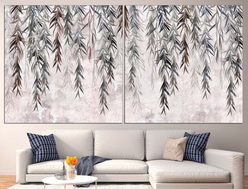 May include: A digital art print featuring a watercolour-style illustration of weeping willow branches hanging down against a light grey background.