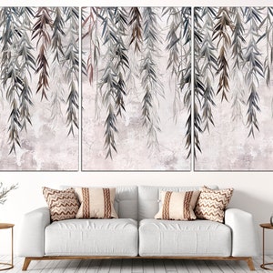 May include: A tri-panel wall art print featuring a watercolour-style design of delicate, drooping branches with leaves in shades of grey, brown, and green against a light pink background with a textured, distressed look.