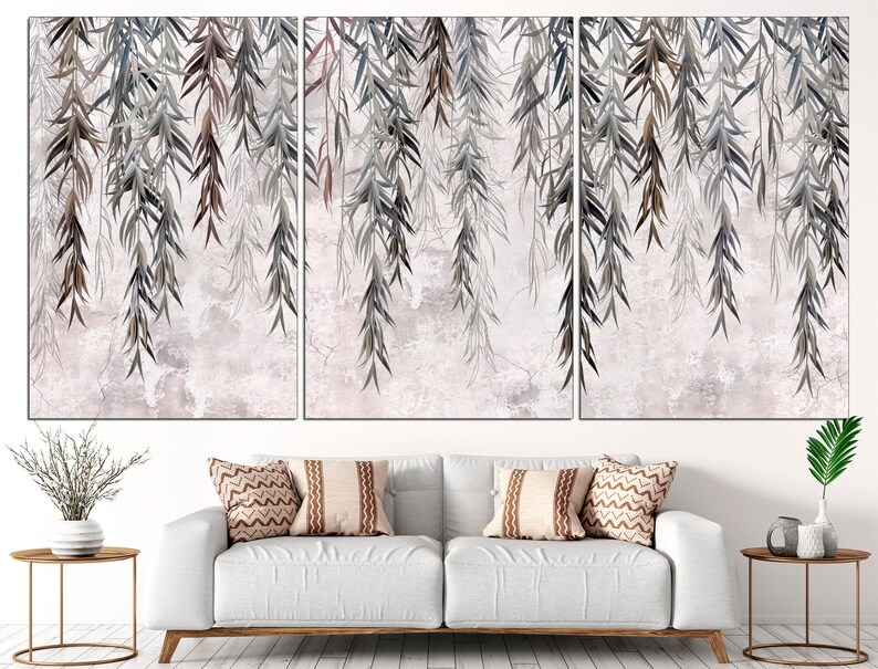 May include: A tri-panel wall art print featuring a watercolour-style design of delicate, drooping branches with leaves in shades of grey, brown, and green against a light pink background with a textured, distressed look.