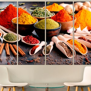 May include: A collection of various spices in bowls and spoons, including red, yellow, green, and brown spices. The spices are arranged on a wooden surface with cinnamon sticks and other spices scattered around.