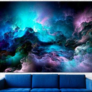 May include: Abstract art print featuring swirling clouds of blue, purple, and green hues against a dark background.