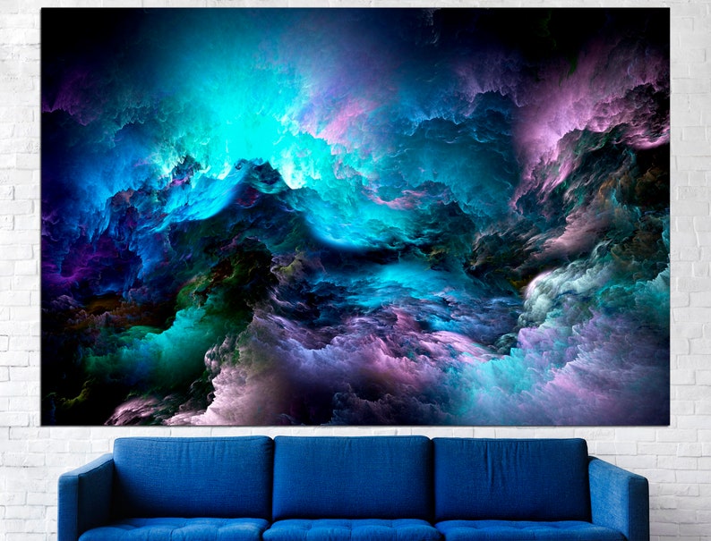 May include: Abstract art print featuring swirling clouds of blue, purple, and green hues against a dark background.
