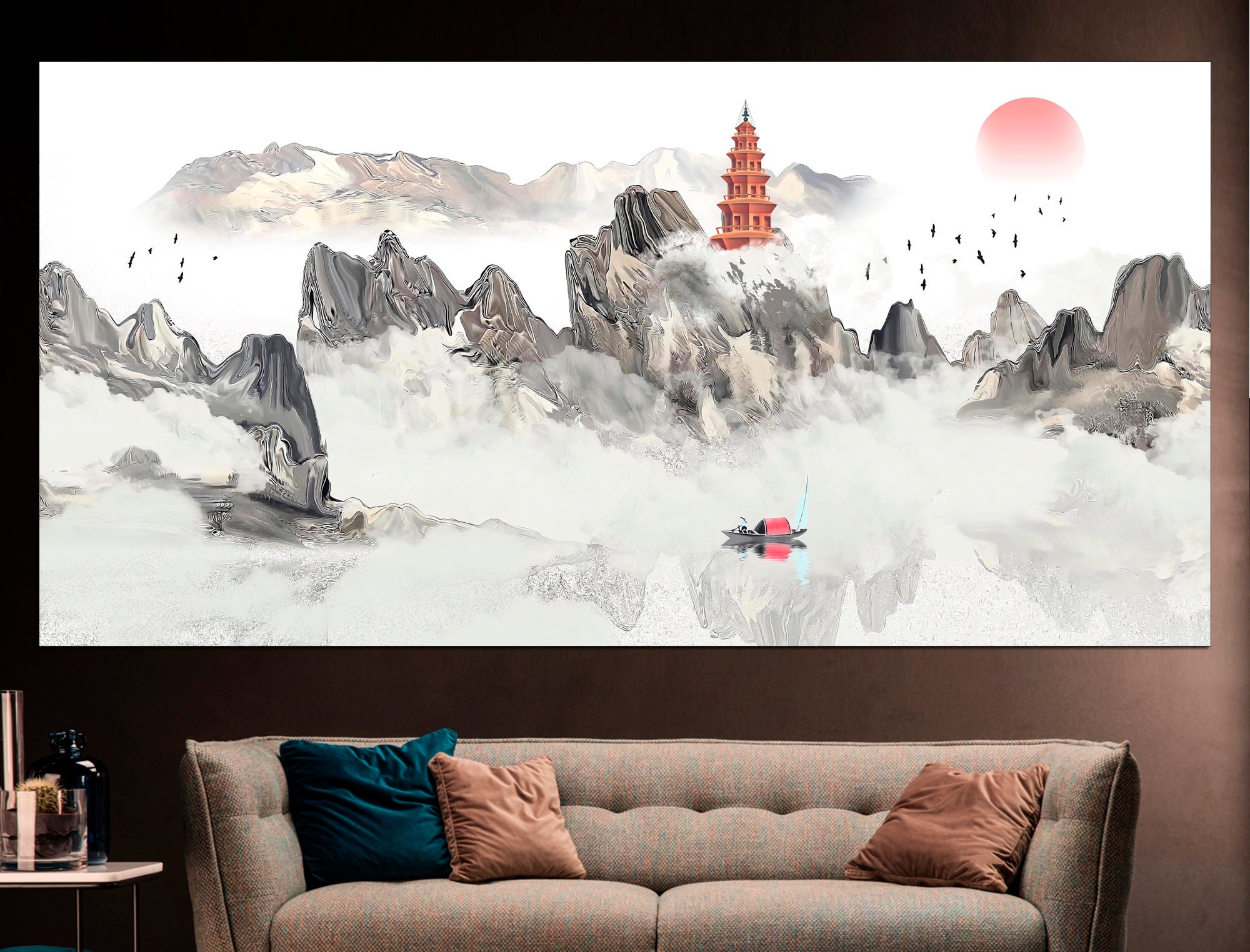 Japanese Mountain Canvas Art Print: Vintage Asian Landscape Wall Decor ...