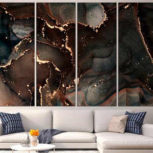 May include: Abstract art print with a dark background and gold accents. The print is divided into four panels, each with a unique swirling pattern. The gold accents are reminiscent of marble.