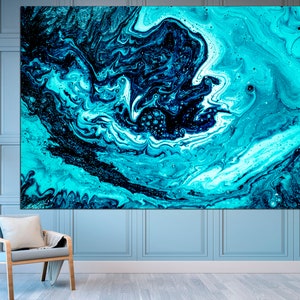 May include: Abstract painting with swirling blue and black paint. The colors are vibrant and the texture is smooth.