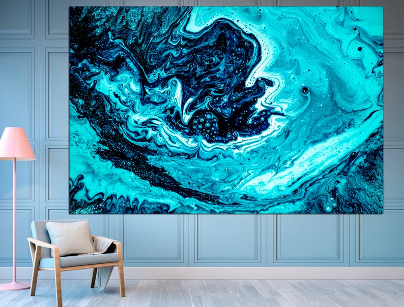 May include: Abstract painting with swirling blue and black paint. The colors are vibrant and the texture is smooth.