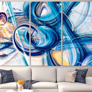 May include: Abstract art print with a blue, white, and yellow color scheme. The print features swirling lines and circles, creating a dynamic and energetic composition.