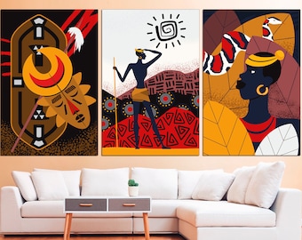 African wall art Set of 3 canvas African decor 3 piece wall art African american art Tribal wall art
