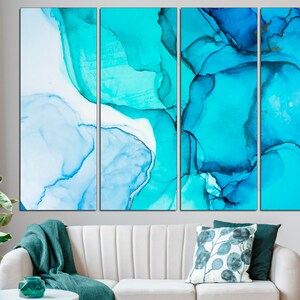 May include: Abstract art print featuring a blue and white watercolor design. The print is divided into four panels, each with a unique swirl pattern.