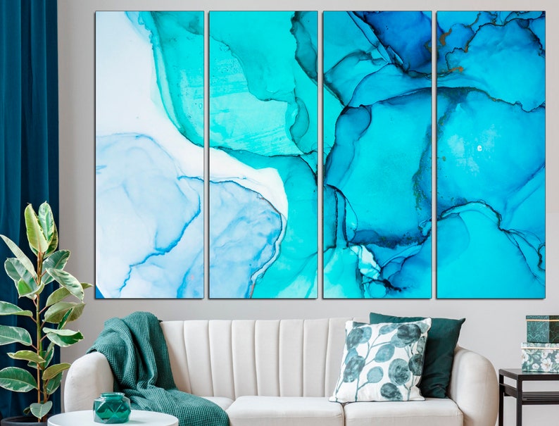 May include: Abstract art print featuring a blue and white watercolor design. The print is divided into four panels, each with a unique swirl pattern.