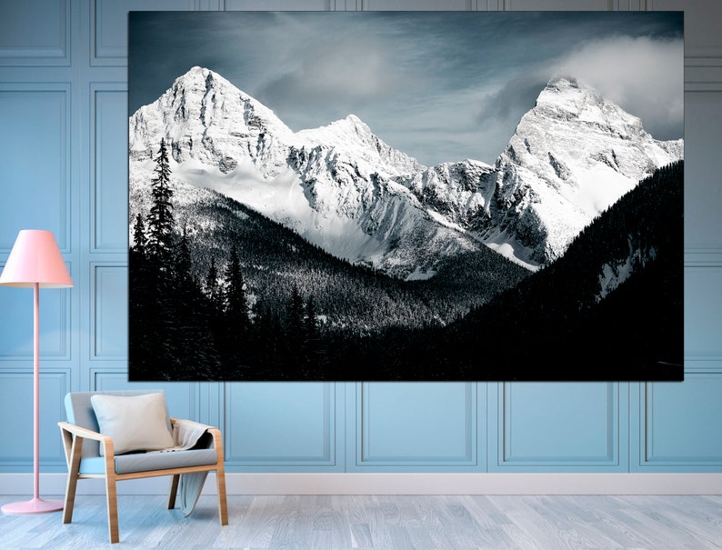 Puede incluir: Una fotograf&iacute;a en blanco y negro de monta&ntilde;as cubiertas de nieve con un bosque en primer plano.