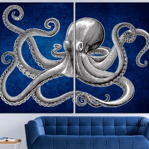 May include: A black and white illustration of an octopus with eight tentacles on a blue background.