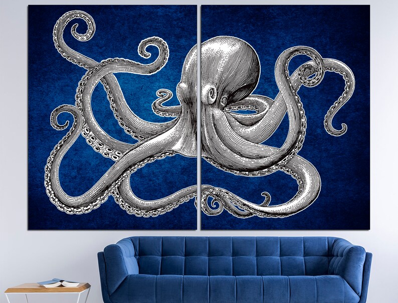 May include: A black and white illustration of an octopus with eight tentacles on a blue background.