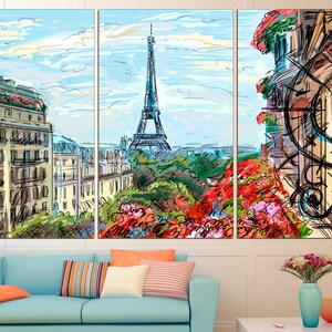 May include: A colorful, hand-drawn illustration of the Eiffel Tower in Paris, France. The illustration features a view of the city from a window, with buildings, trees, and flowers in the foreground. The Eiffel Tower is in the background, with a blue sky and white clouds above.