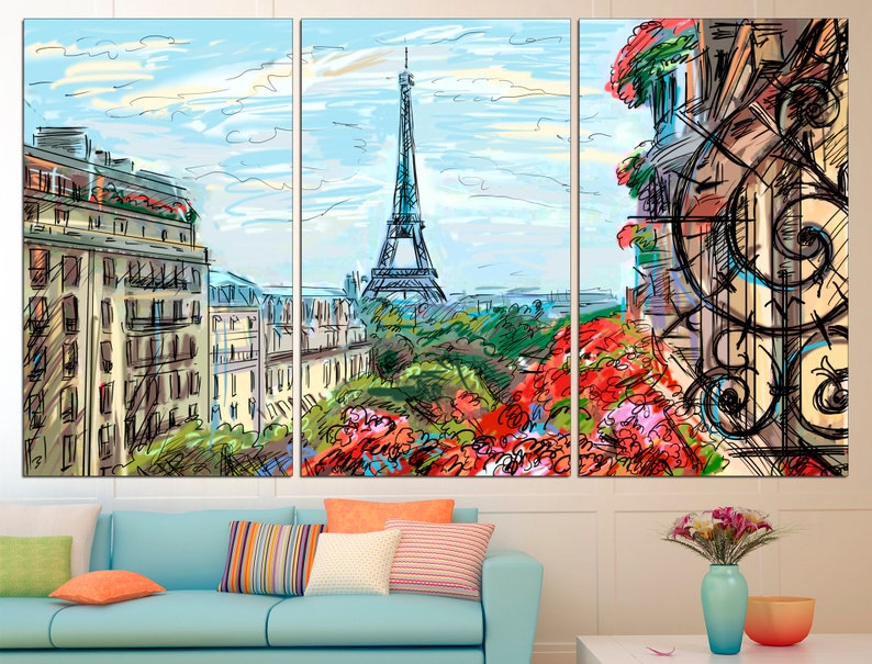 May include: A colorful, hand-drawn illustration of the Eiffel Tower in Paris, France. The illustration features a view of the city from a window, with buildings, trees, and flowers in the foreground. The Eiffel Tower is in the background, with a blue sky and white clouds above.