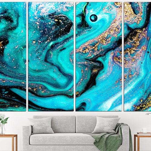 Gold Blue Abstract Canvas Wall Art Print Extra Large Marble Etsy