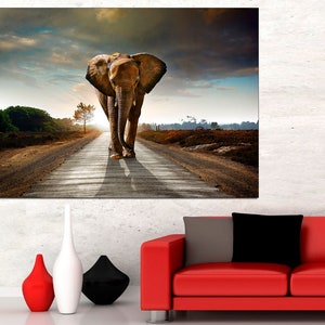May include: A large brown elephant walks down a dirt road towards the sunset. The elephant is in the middle of the road, with a long shadow behind it. The road is surrounded by green trees and bushes.