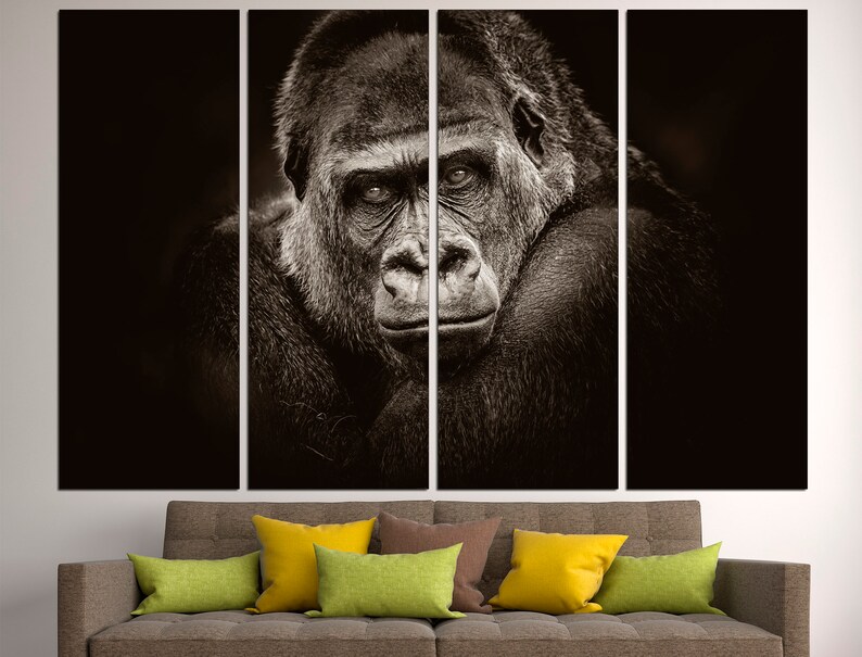 May include: A black and white close-up photograph of a gorilla's face. The gorilla is looking directly at the camera with a serious expression. The image is split into five panels.