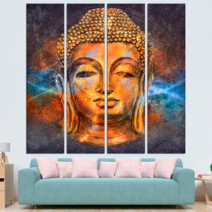 May include: A four-panel wall art set featuring a detailed, colorful depiction of a Buddha head. The artwork uses orange, gold, and blue hues, with a textured, abstract background. The Buddha's face is serene, with closed eyes.