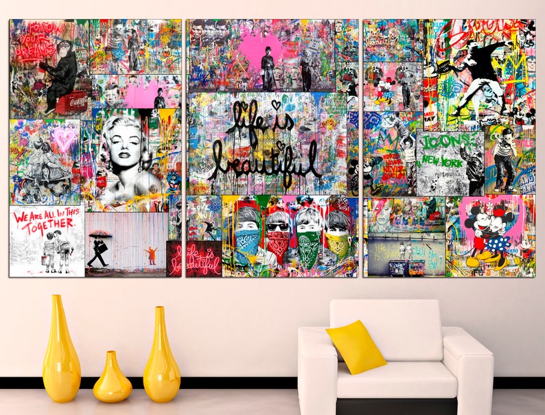 May include: A colorful triptych canvas print with a collage of images, including a woman with a pink heart, a group of people with bandanas, and Mickey Mouse and Minnie Mouse. The text "Life is beautiful" is written in large, bold letters.