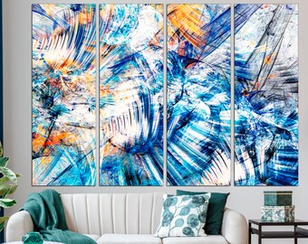 May include: Abstract art print with a multi-panel design. The print features a mix of blue, white, orange, and black brushstrokes. The print is perfect for adding a modern touch to any room.