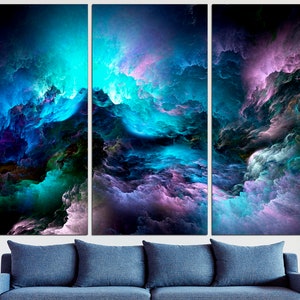 May include: Abstract art print featuring a tri-panel canvas with a swirling, colorful cloud-like design in shades of blue, purple, and green.