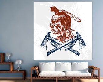 Impresión artística de nativos americanos: lienzo de jefe tribal con hachas cruzadas