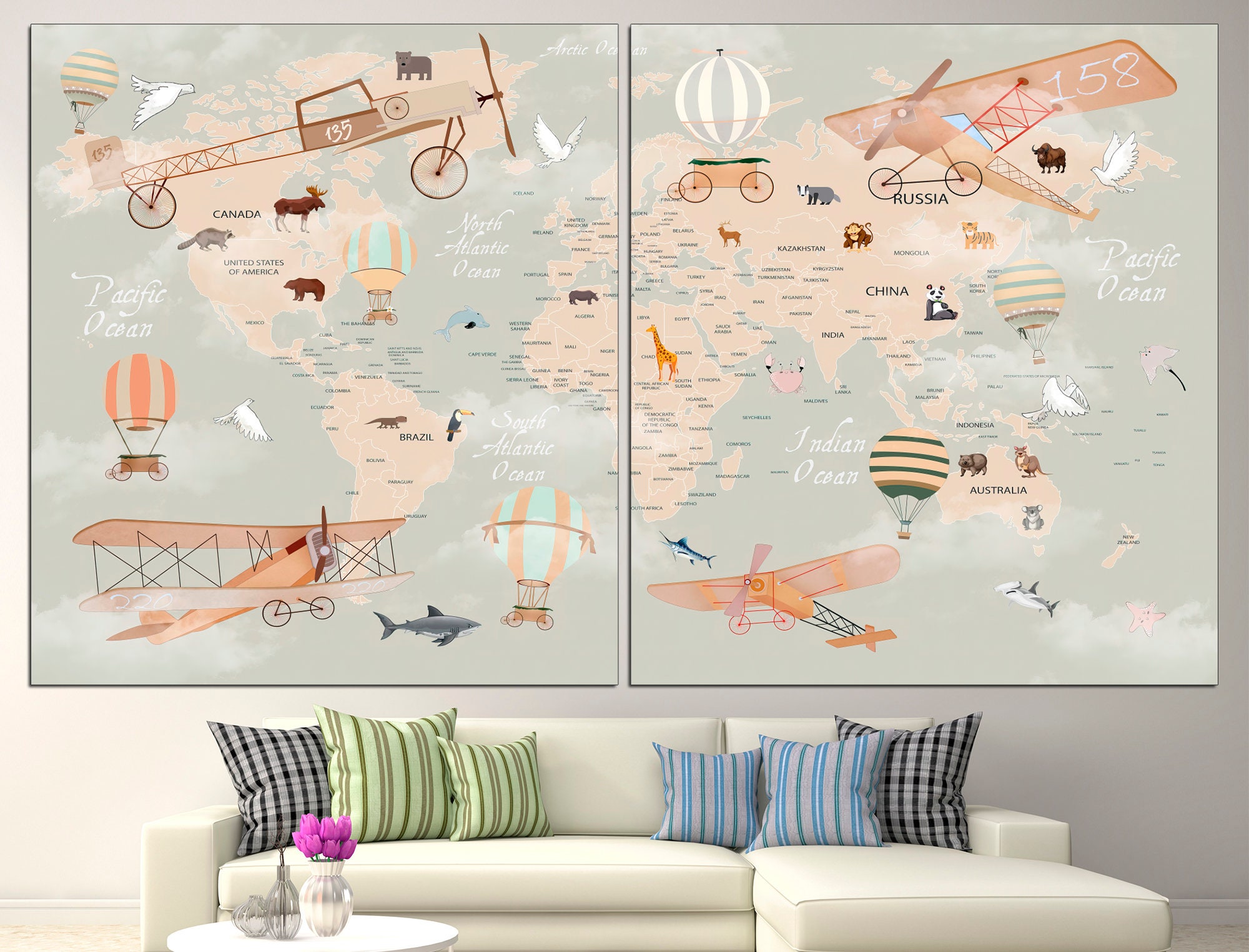 Kids World Map Canvas Wall Art Animal World Map Kids Wall Decor Large ...