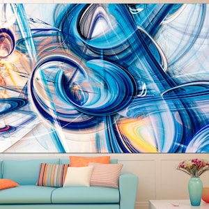 May include: Abstract art print featuring swirling blue, white, and yellow lines and shapes. The artwork has a modern and contemporary style.
