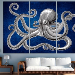 May include: A black and white illustration of an octopus with eight tentacles on a blue background. The octopus is in a curled position with its head facing the viewer.