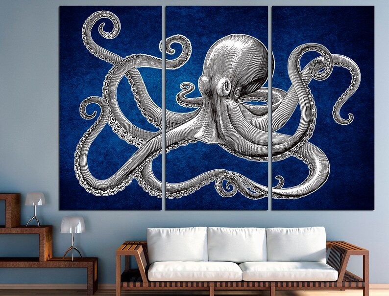May include: A black and white illustration of an octopus with eight tentacles on a blue background. The octopus is in a curled position with its head facing the viewer.