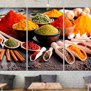 May include: A variety of spices in bowls and spoons on a wooden surface. The spices include red pepper flakes, turmeric, cumin, coriander, cinnamon sticks, and cloves. The background is a white brick wall.