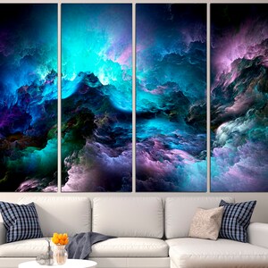May include: Abstract art print featuring a multi-panel canvas with swirling clouds in shades of blue, purple, and green.