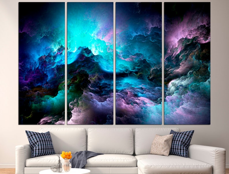 May include: Abstract art print featuring a multi-panel canvas with swirling clouds in shades of blue, purple, and green.